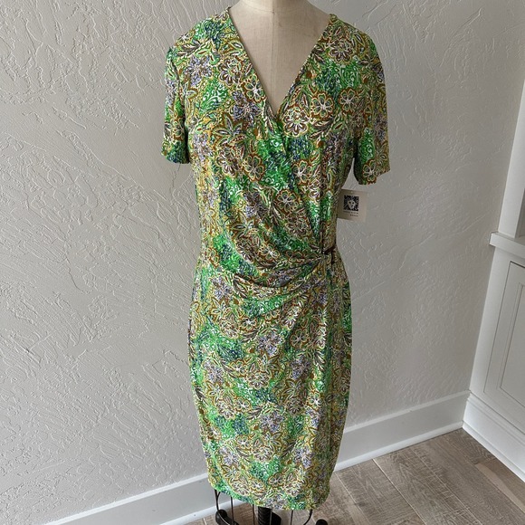 Anne Klein Dresses & Skirts - ANNE KLEIN | Faux Wrap Dress Green Floral Stretch Short Sleeve NEW Size 10 - $99